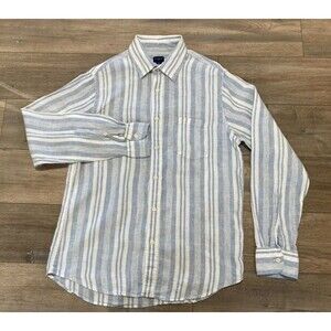 J Crew Linen Mens M Blue White Striped Button Down Long Sleeve Prep Casual Shirt